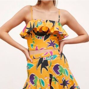 Women ZARA Printed Ruffled Island Geometric Tank Top Floral Yellow Extra Small